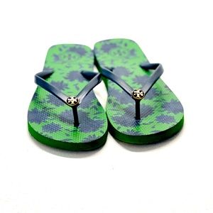 Tory Burch flip flops, navy blue/green, size 7. Like new, with box